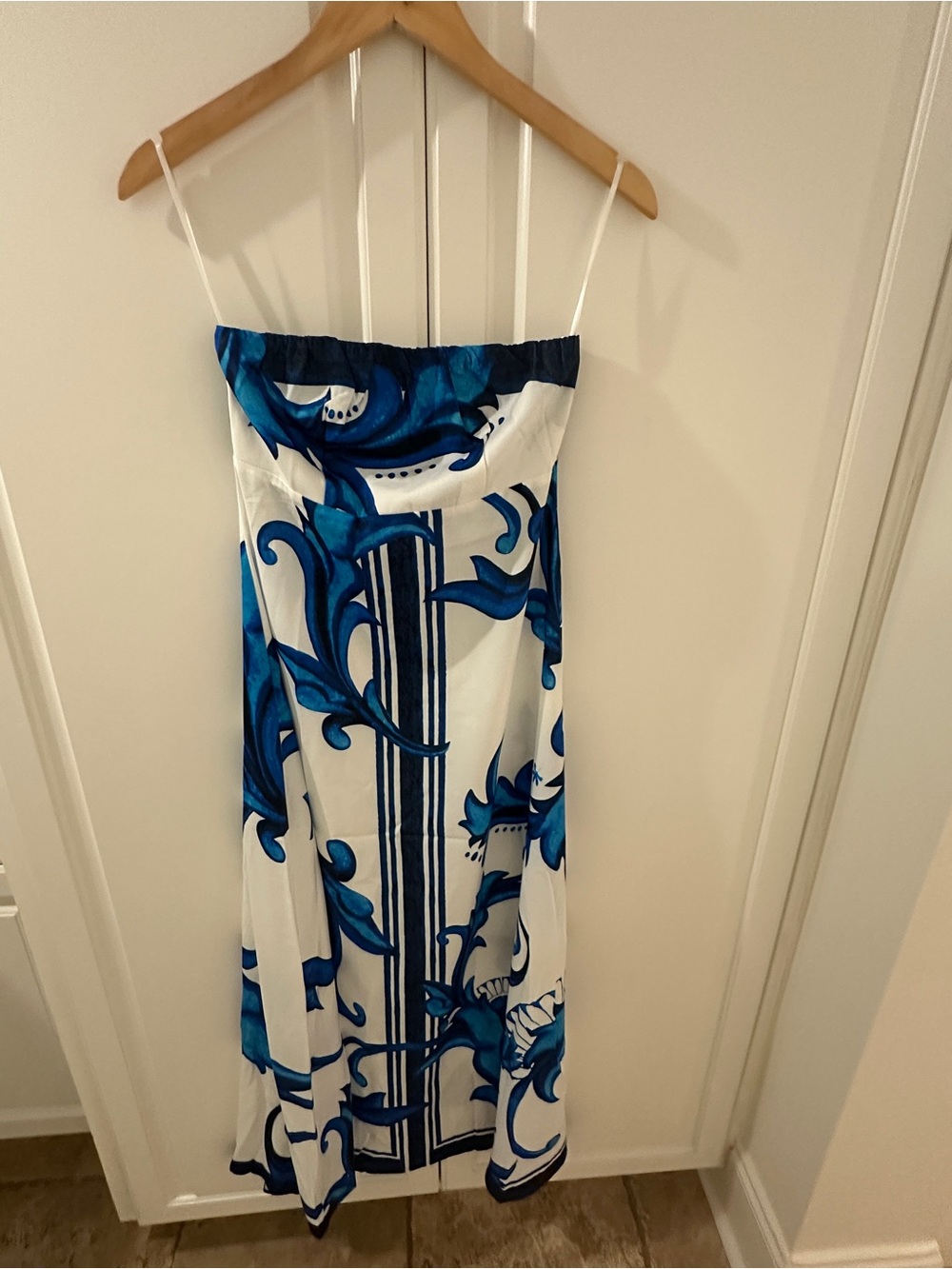 Commense White Strapless Maxi Dress with Blue Scroll Print - Picture 2 of 3